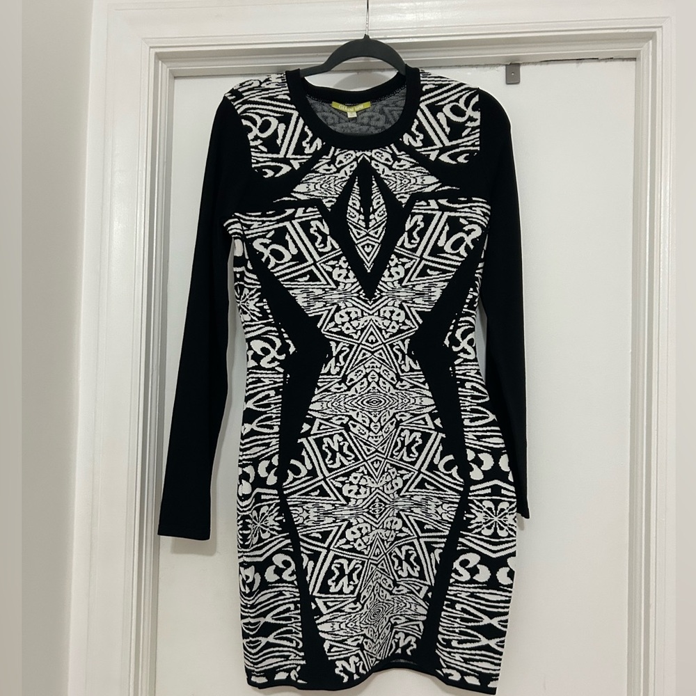 Gianni Bini Black and White Bodycon Dress Long Sleeve Crew Neck